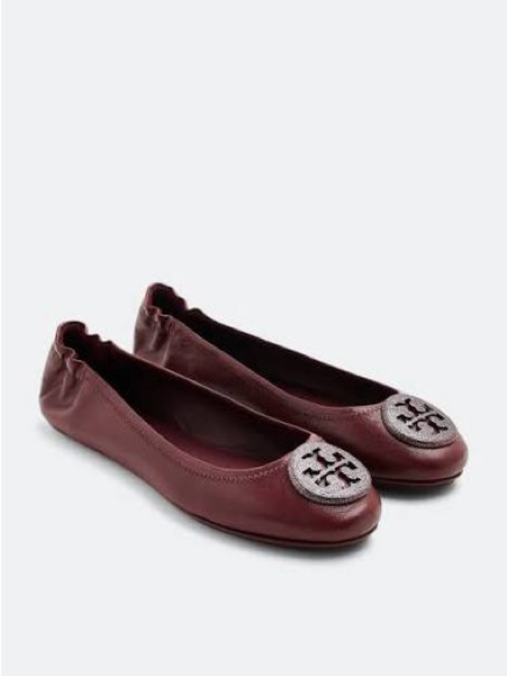 Size 7- Tory Burch Minnie travel flat in burgundy shimmer leather